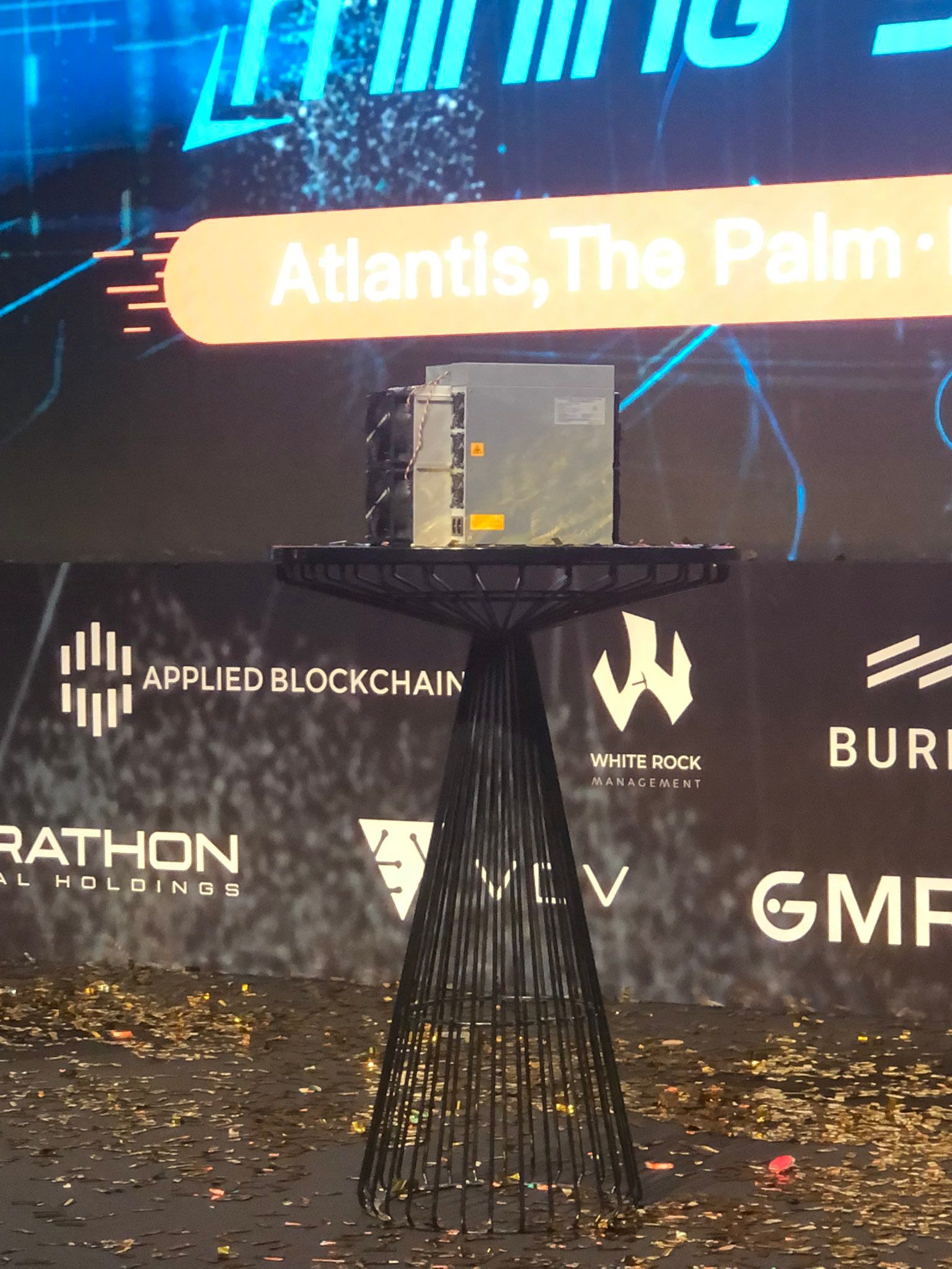 A picture of the Antminer S19XP from Bitmain's announcement at the World Digital Mining Summit, courtesy of Alejandro De La Torre