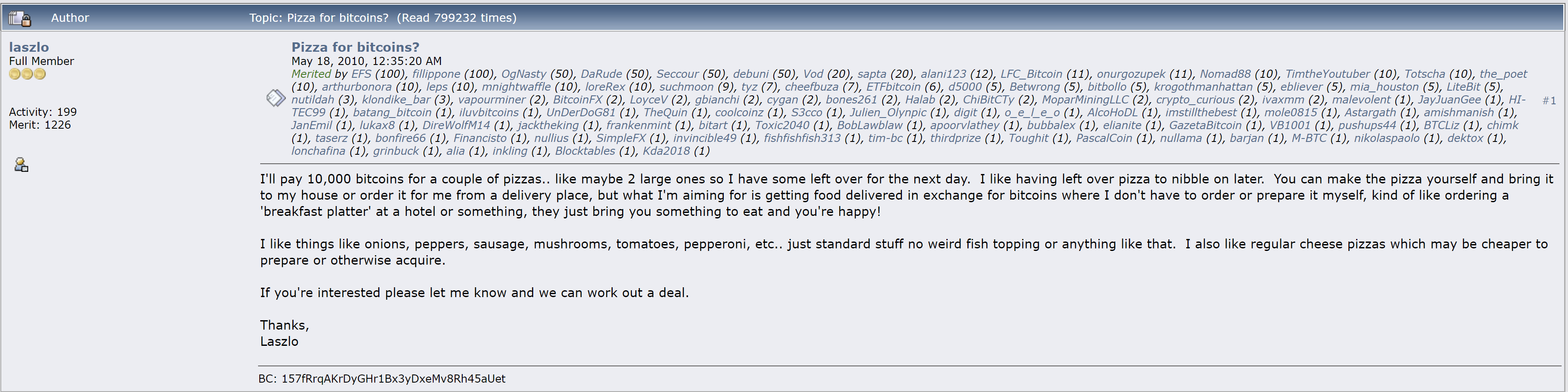 Laszlo Hanyecz's famous post where he offers 10,000 BTC for two large pizzas. He would receive his wish 4 days later | Source
