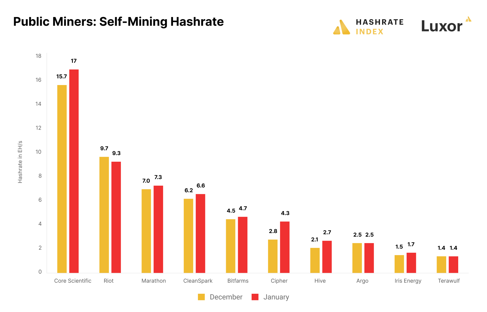 Bitcoin mining stock self-mining hashrate (January 2023)