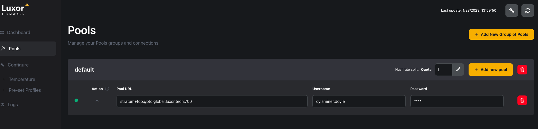 Under the "Pools" section of the LuxOS dashboard, you can configure your miner to point its hashrate to Luxor Mining Pool