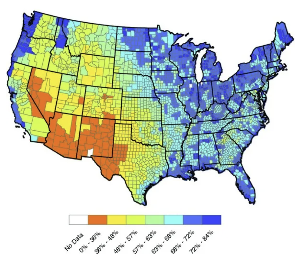 Average annual relative humidity across continental USA