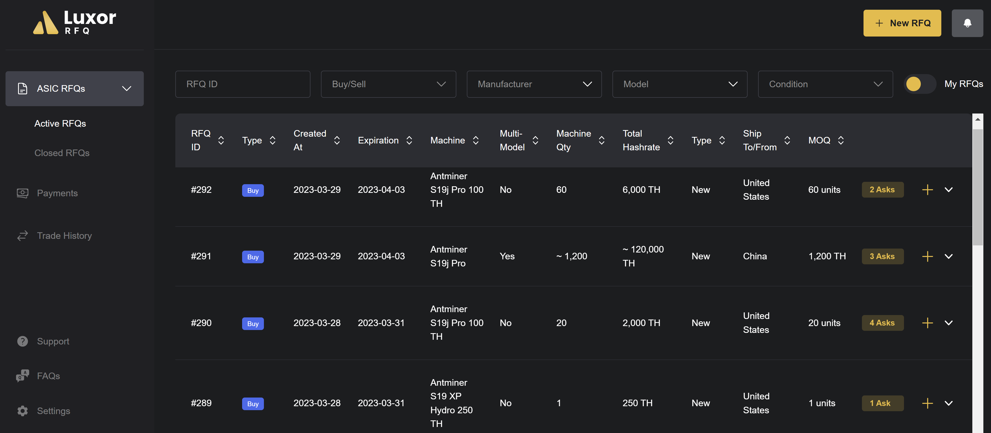 Screenshot of Luxor's RFQ marketplace