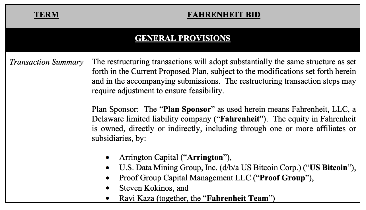 A screenshot of the successful bidders and summary of the restructuring entity for the Celsisus bankruptcy buyout. | Source: court filings