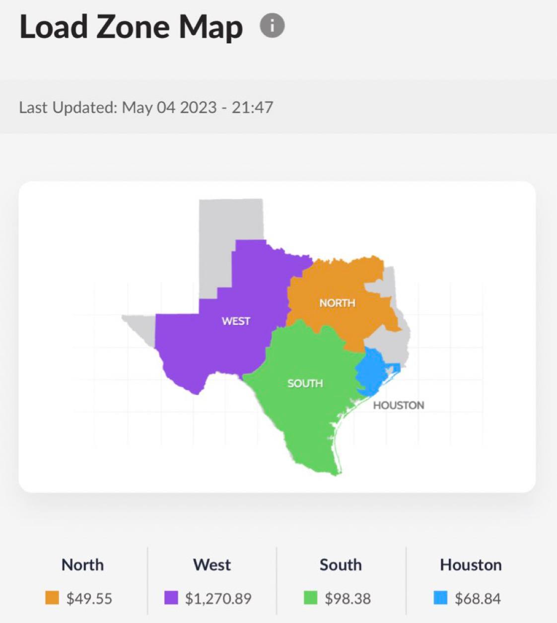 May 4, 2023 (21:47) load zone prices for Texas | Source: ERCOT