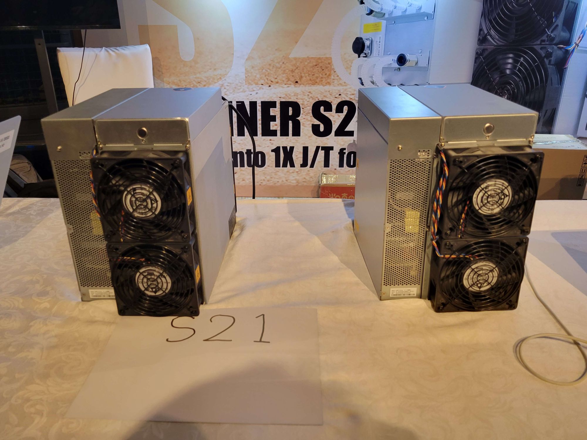 Antminer S21 air cooled models on display at Bitmain's 2023 World Digital Mining Summit in Hong Kong 