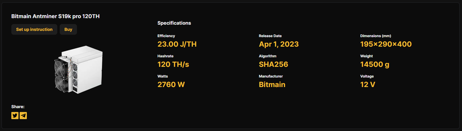 Antminer S19k Pro specifications | Source: Hashrate Index