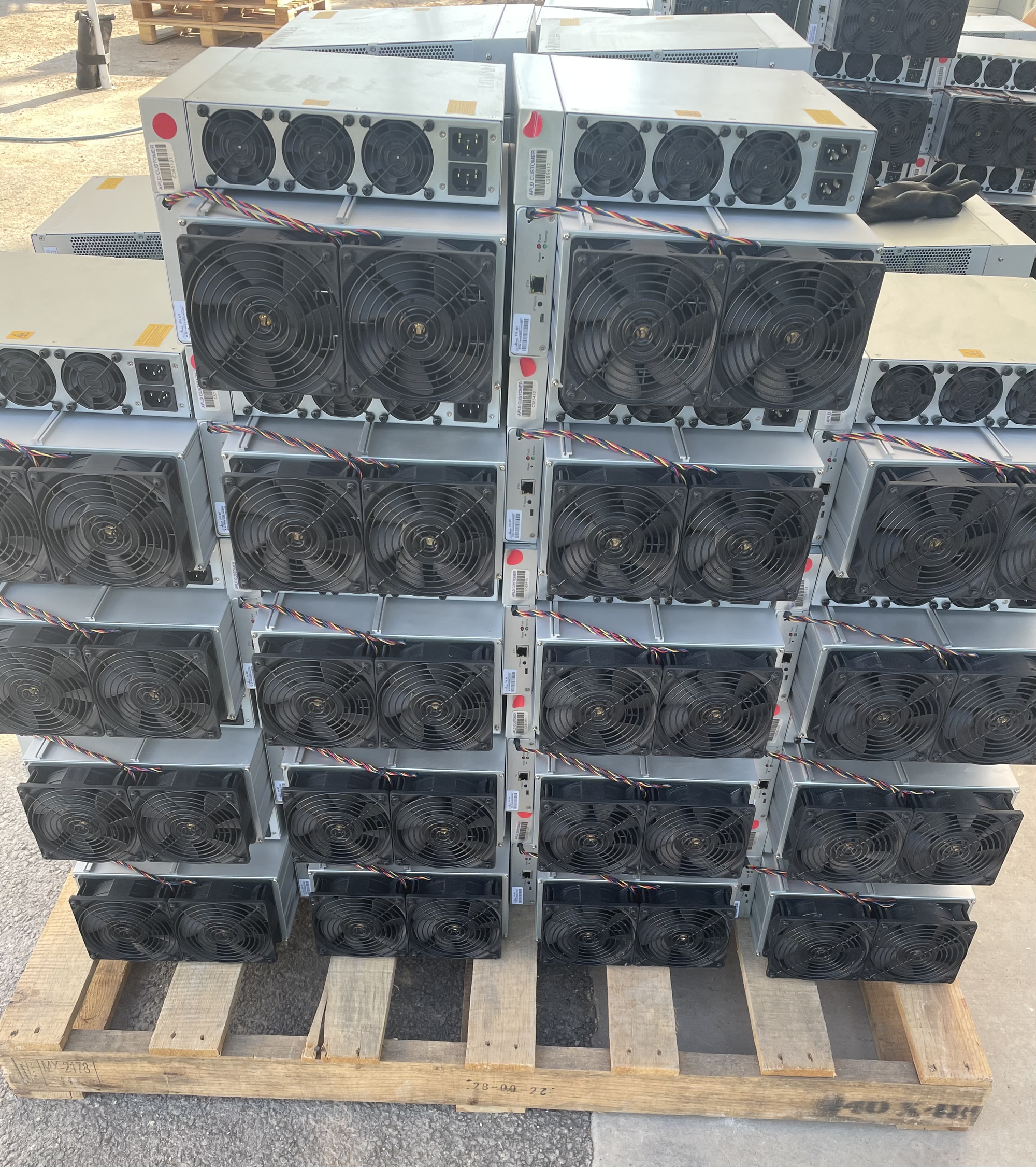 A pallet of used Antminer S19 ASIC miners