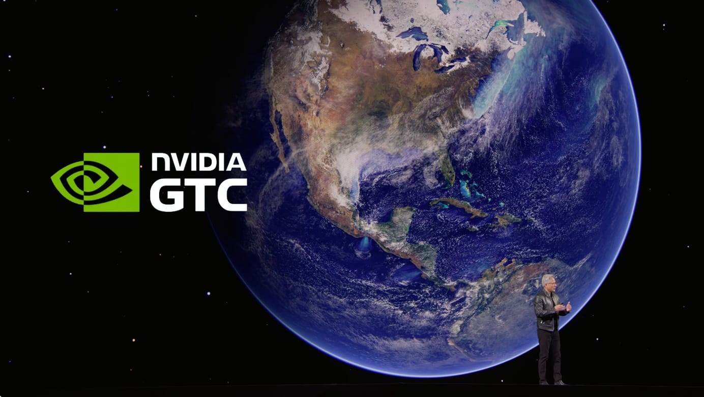 NVIDIA CEO Jensen Huang on stage at GTC 2026 with a picture of Earth from space on a large screen behind h